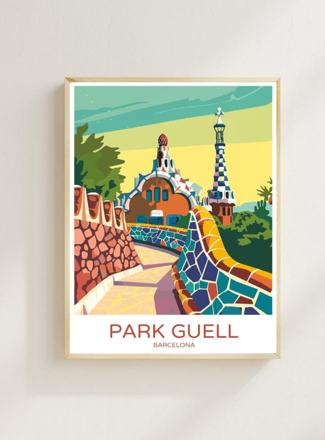 Park Guell Barcelona Mosaic Gaudi Architecture Retro Travel Poster
