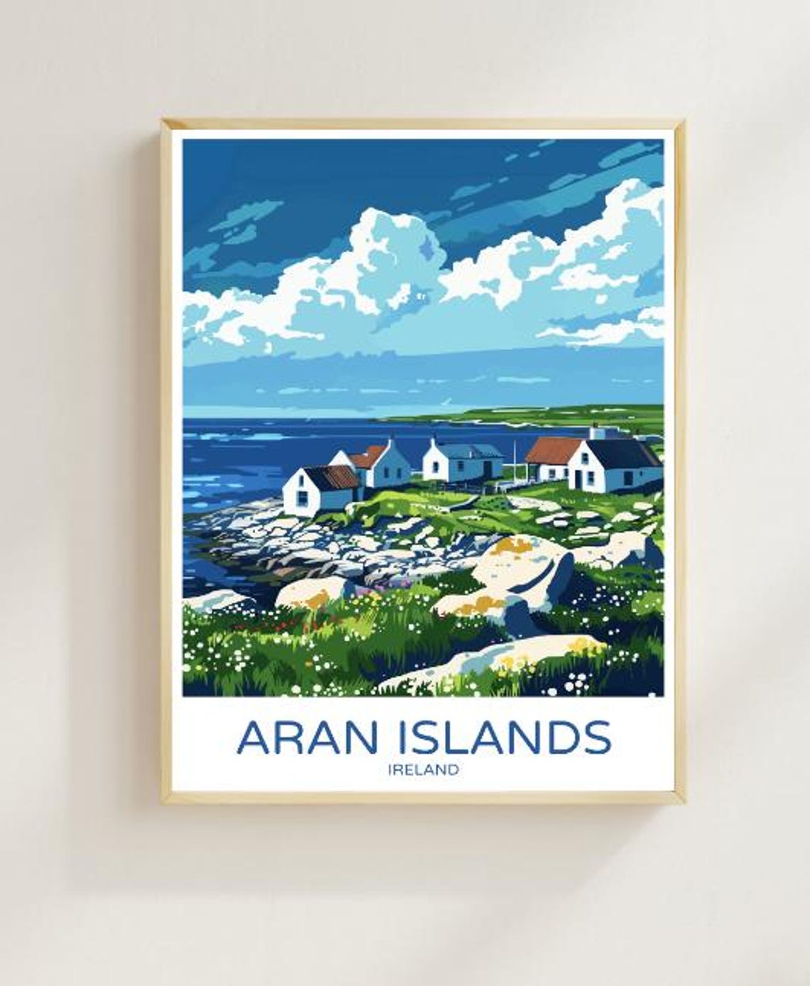 Aran Islands Ireland Rocky Shore Stone Cottages Travel Poster