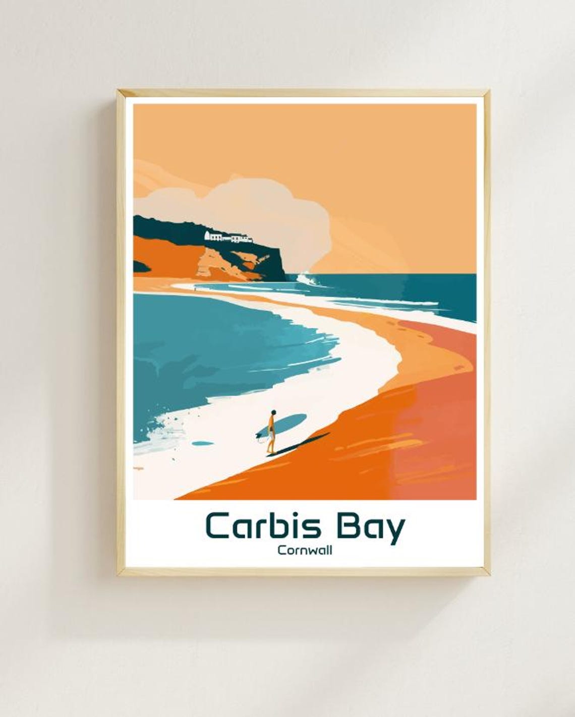 Carbis Bay Cornwall Surfer Sunset Beach Orange Sky Travel Poster
