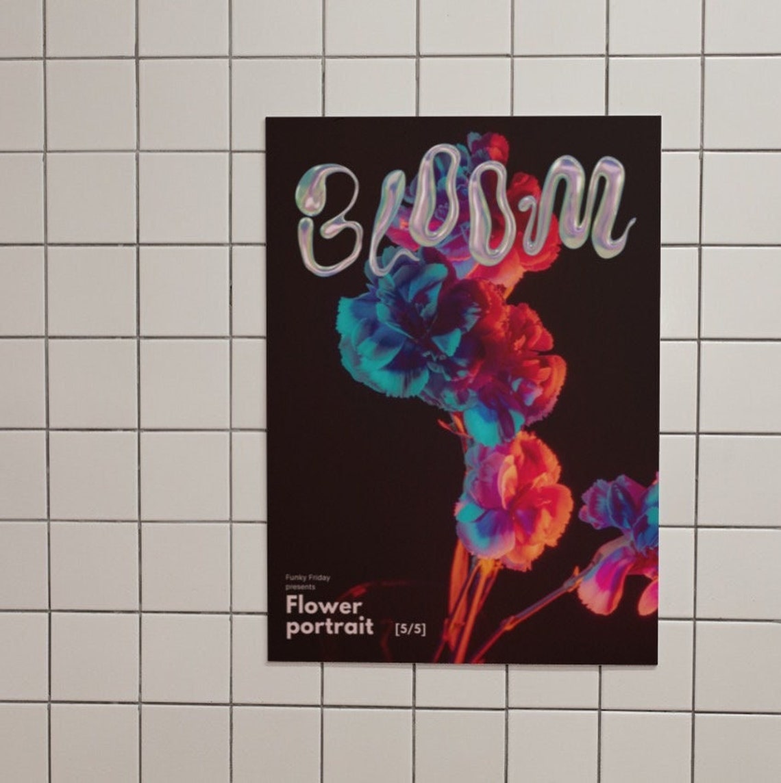 Bloom Chrome Typography Psychedelic Neon Flower Portrait Art Poster