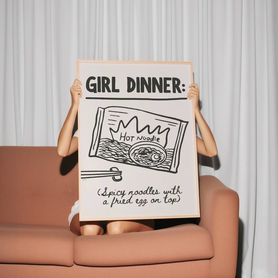 Cream Black Girl Dinner Spicy Hot Noodle Packet Hand Drawn Print