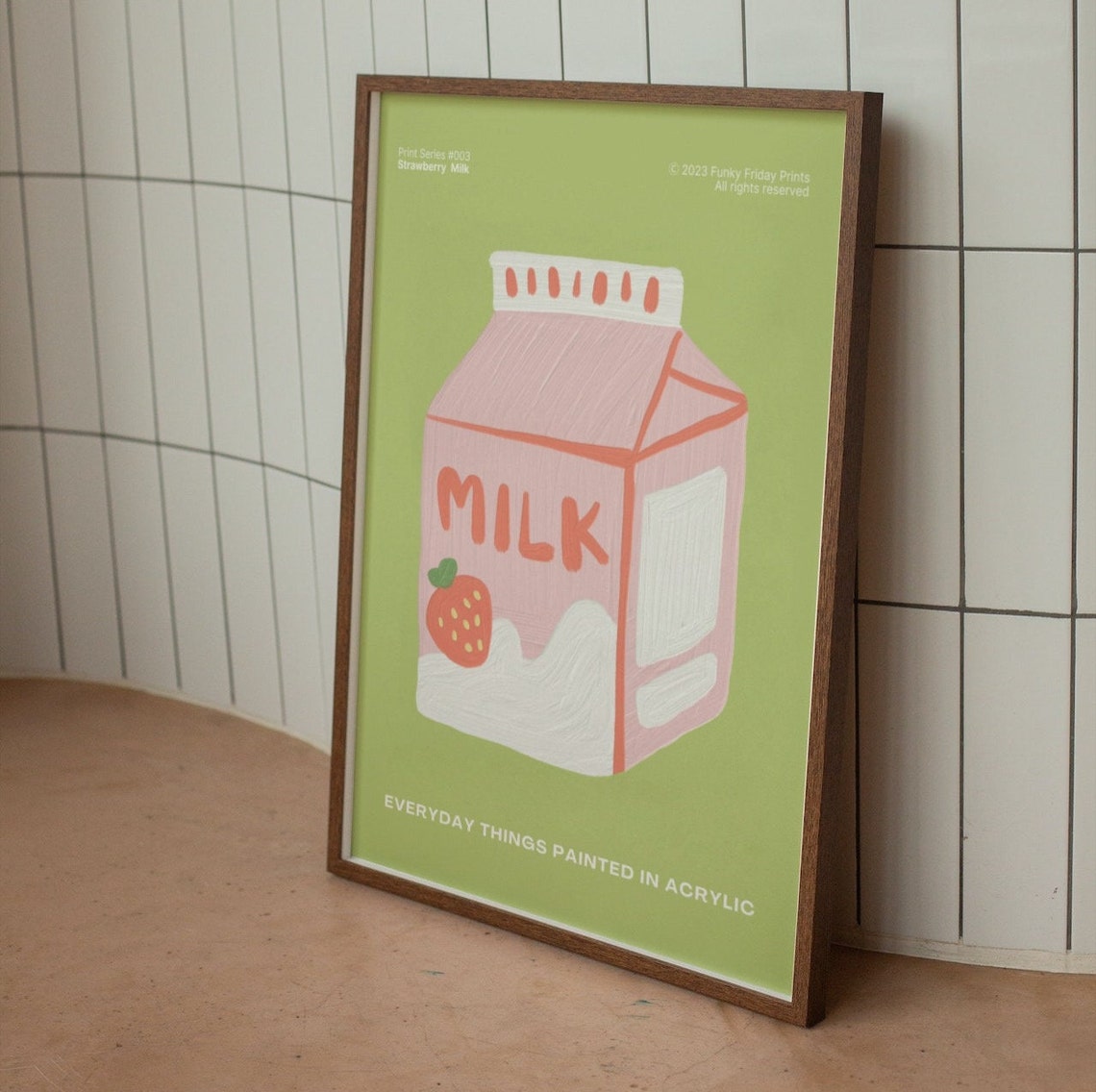Strawberry Milk Carton Green Retro Acrylic Everyday Things Poster - Image 2