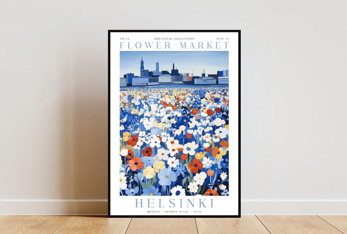 Helsinki Flower Market Poster Helsinki Poster Flower Market Print Flower Wall Art Botanical Poster Floral Wall Art Blue Flower Poster