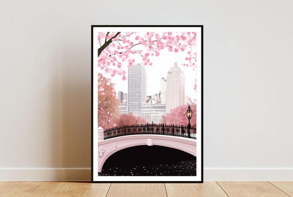 Central Park Poster New York Print America Wall Art New York Art Central Park Usa Empire State Building Print Cherry Blossom Art