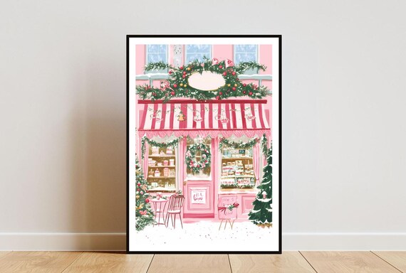 Pink Cafe Christmas Storefront Winter Poster Cozy Holiday Snowy Wall Decor