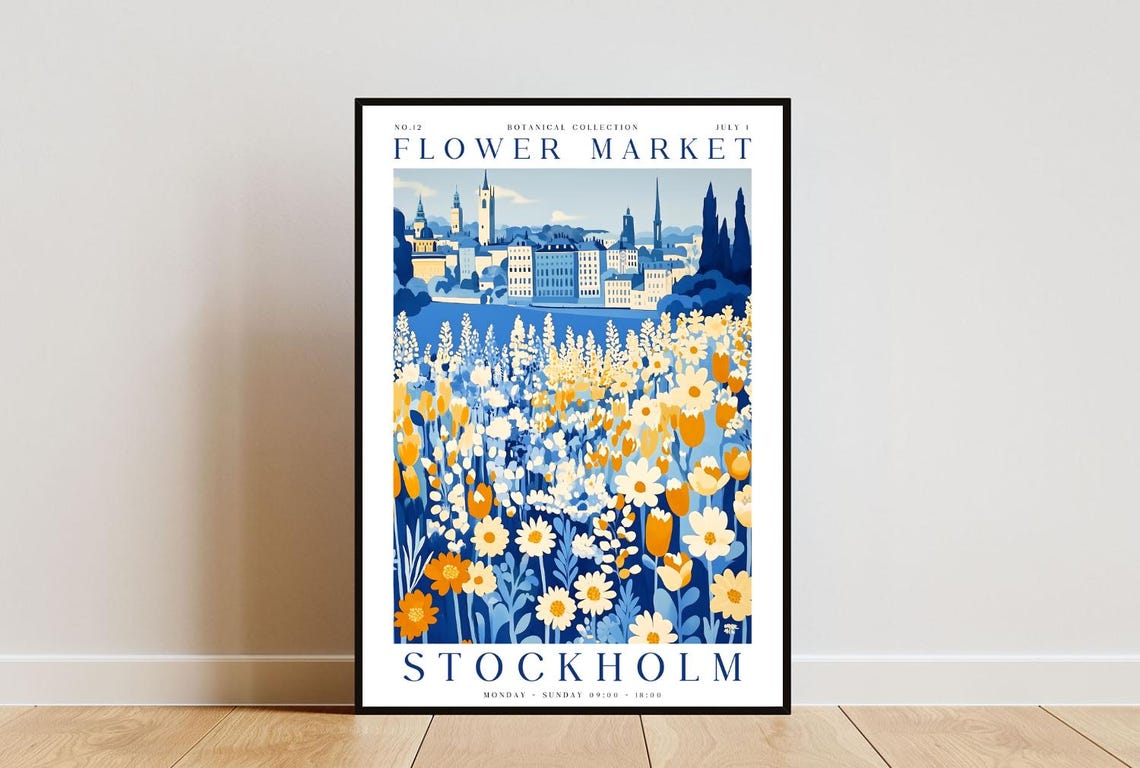 Stockholm Flower Market Poster Stockholm Poster Flower Market Print Flower Wall Art Botanical Poster Floral Wall Art Blue Flower Print