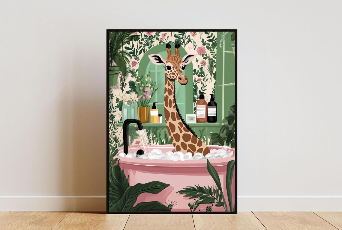 Giraffe In Bath Poster, Boho Bathroom Art Print