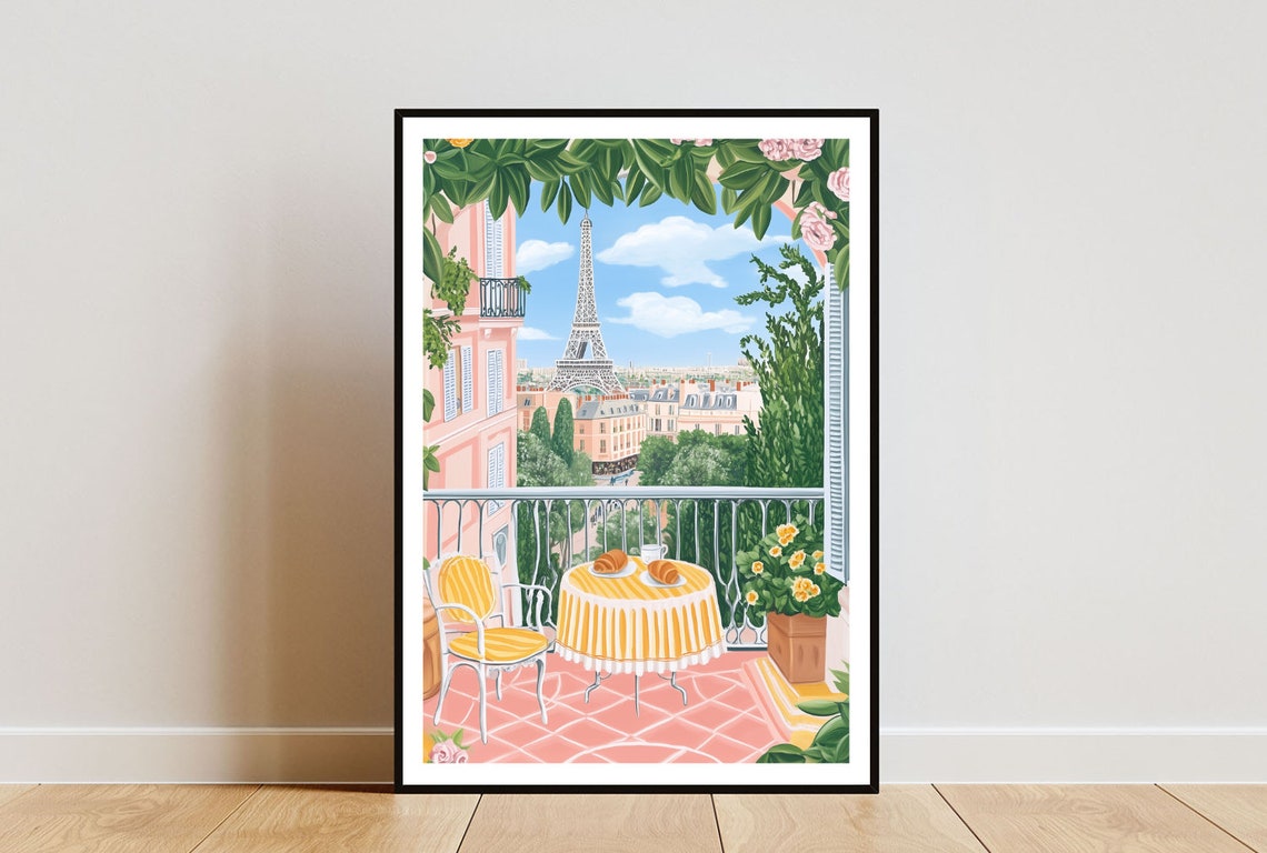 Paris France Eiffel Tower Balcony Breakfast View Travel Poster