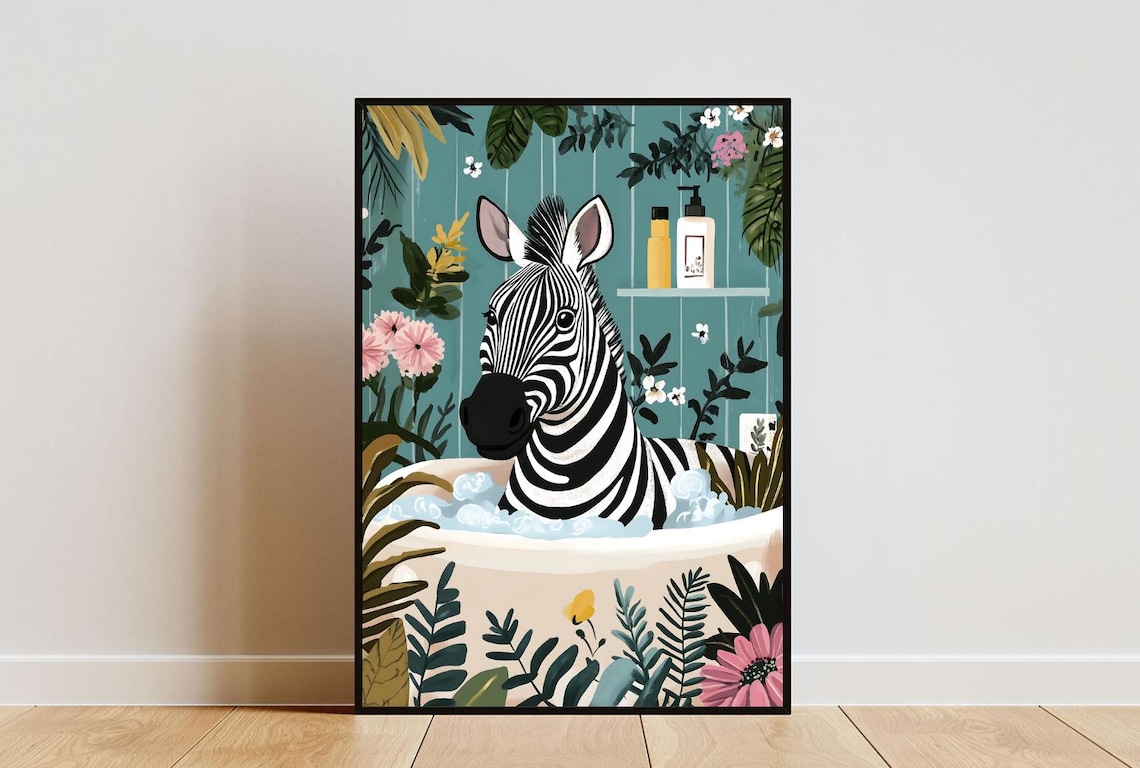 Zebra In Bath Poster, Boho Bathroom Animal Art
