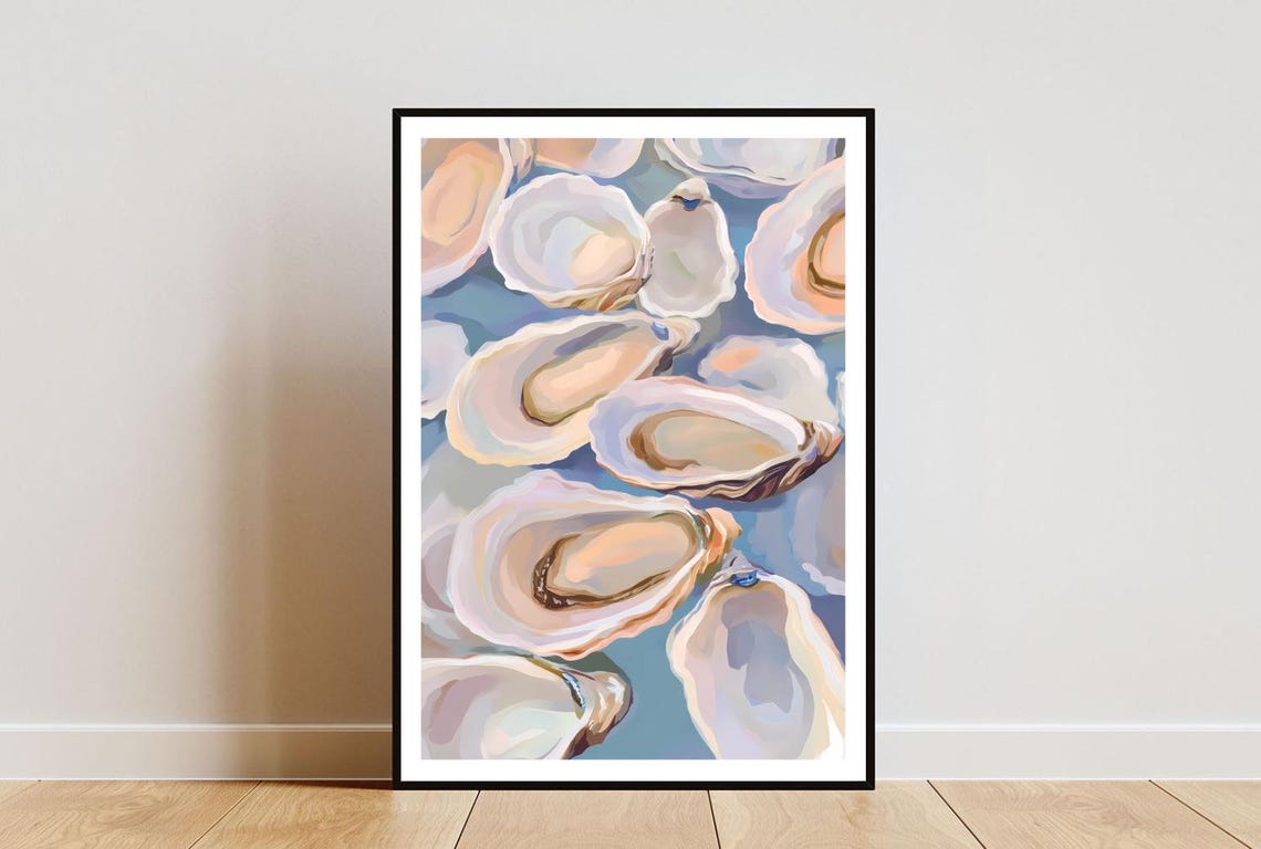 Oyster Shells Pastel Coastal Illustration Beach House Art Poster