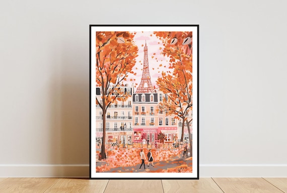 Paris France Autumn Travel Poster Eiffel Tower Street Scene Art