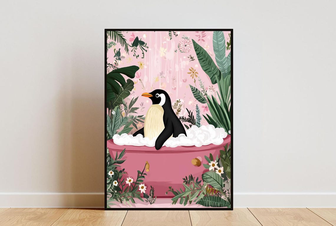 Penguin Bubble Bath Pink Tub Tropical Leaves Bathroom Art Poster
