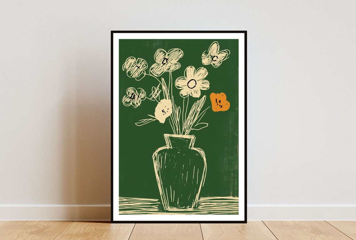 Sketchy Flowers in Vase on Deep Green Retro Botanical Poster