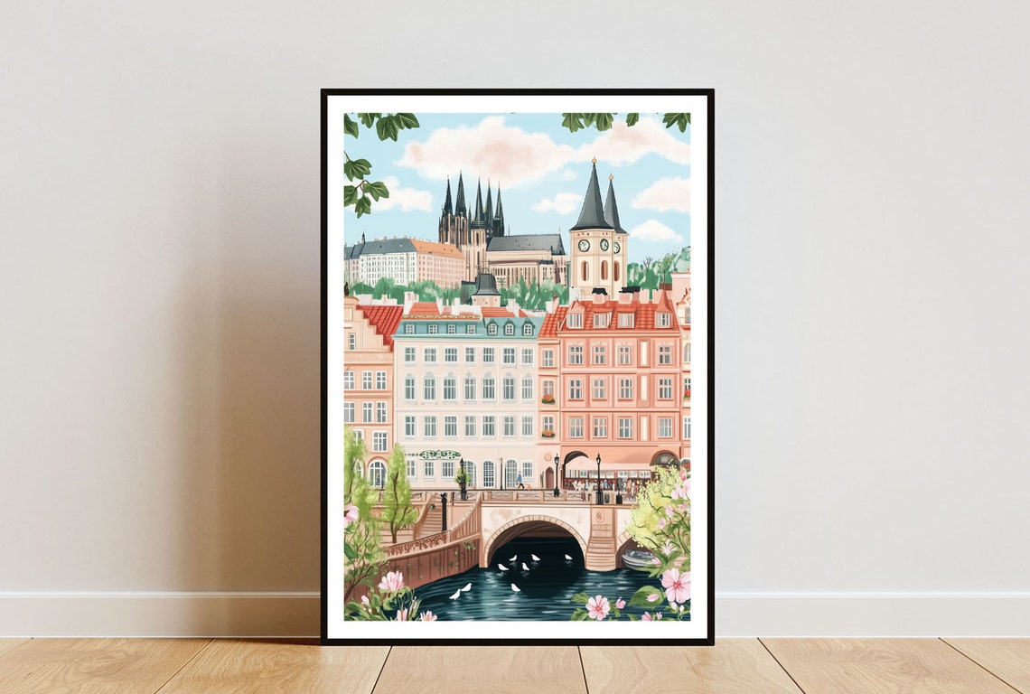 Prague Czechia Old Town Castle Spires Swan Canal Travel Poster