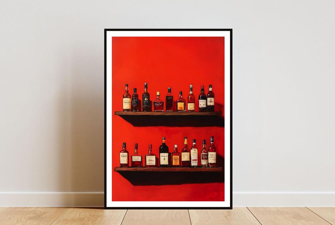 Fiery Red Pop Art Whiskey Bottles Wooden Shelf Retro Bar Poster