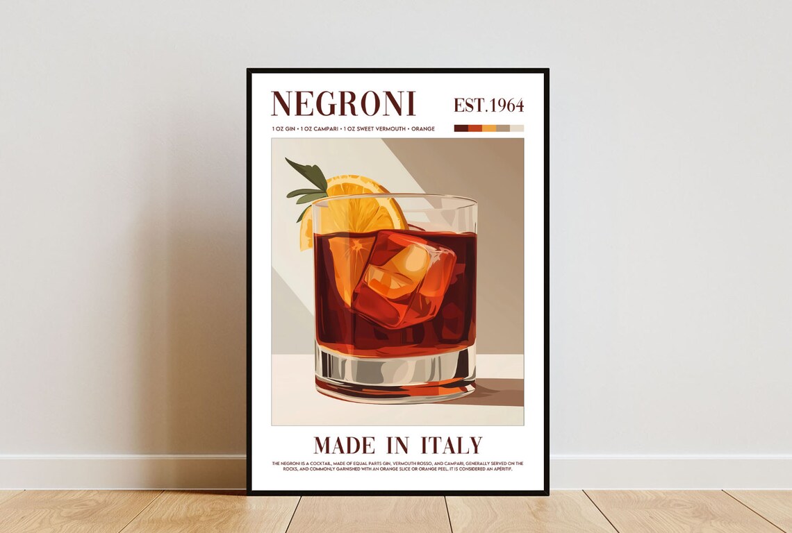 Negroni Cocktail Kitchen Art Print, Bar Wall Decor