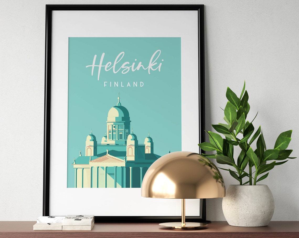 Helsinki Finland Cathedral Mint Green Script Vintage Travel Poster