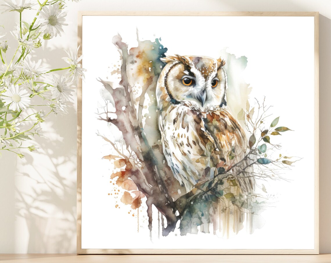 Watercolor Owl Branch Portrait Rustic Wildlife Nature Art Poster