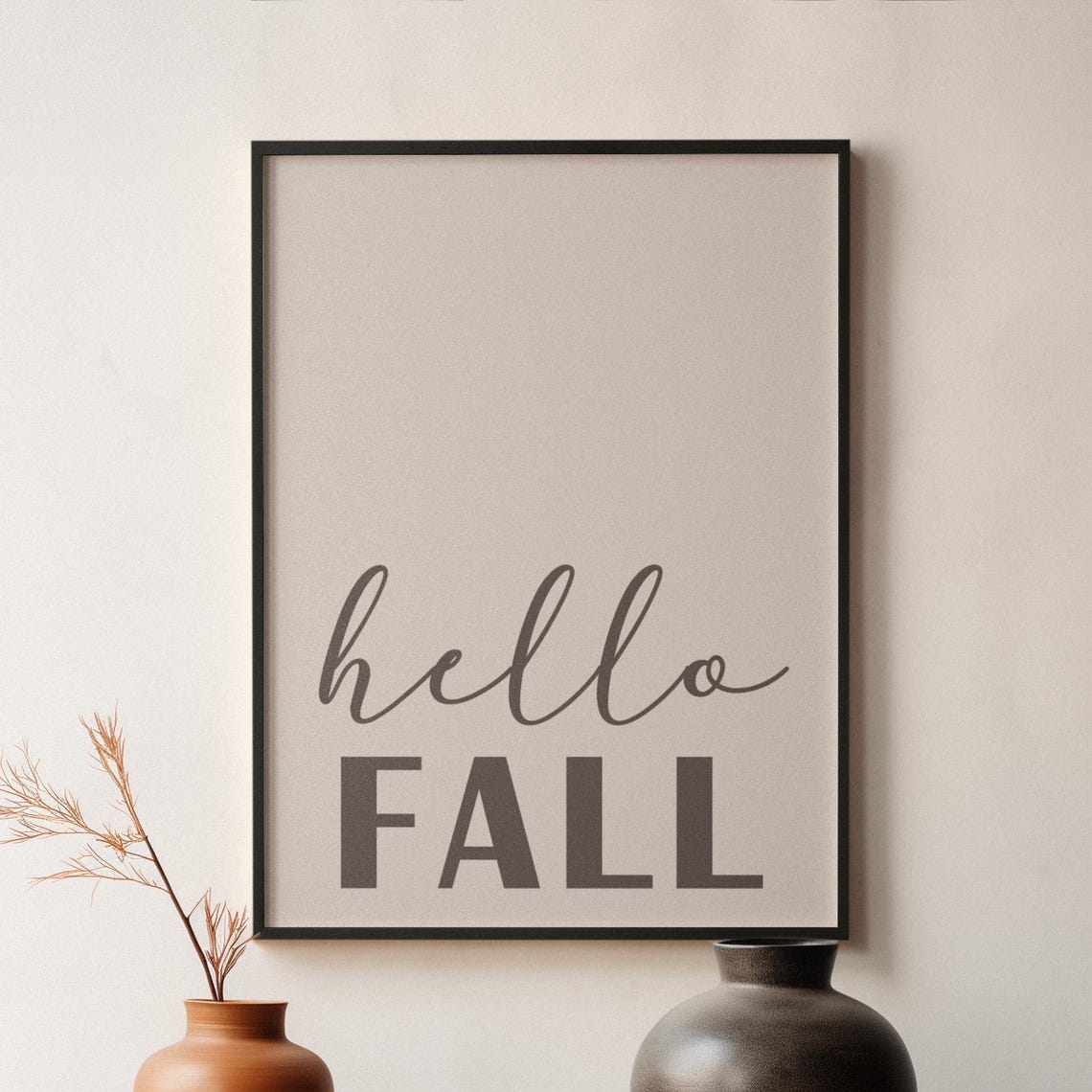 Hello Fall Minimalist Autumn Typography Poster in Beige Tones