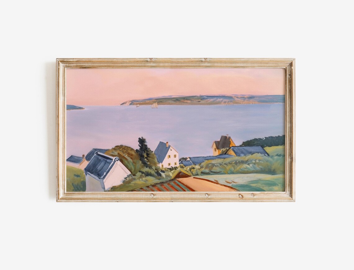 Coastal Village Sunset Cottages Pastel Seascape Vintage Poster - Image 2