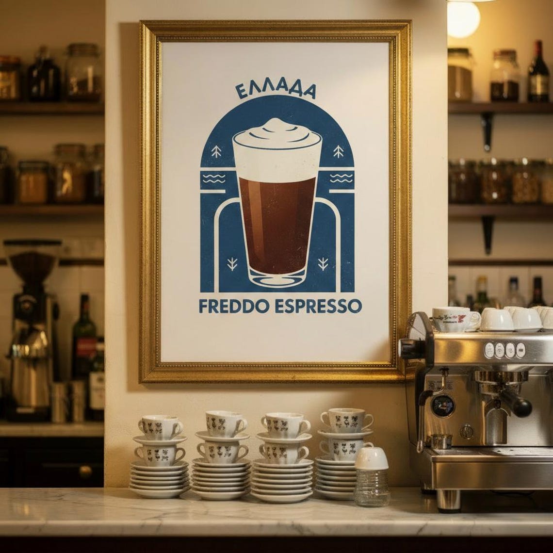 Greece Freddo Espresso Blue Arch Minimalist Greek Coffee Poster