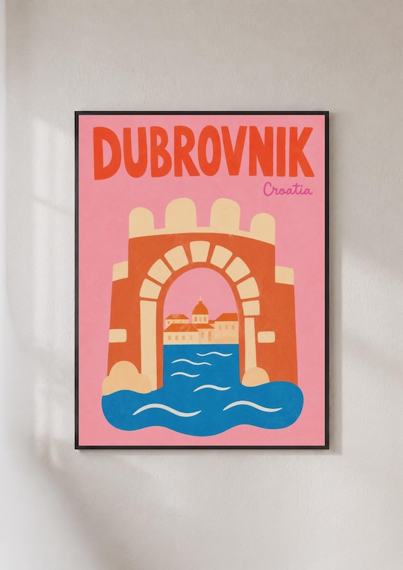 Dubrovnik Croatia Retro Travel Poster Pink Adriatic Coast Art Decor