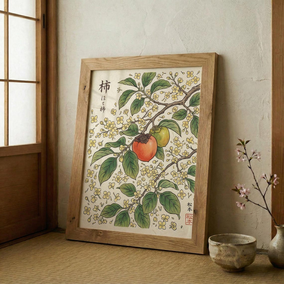 Japanese Persimmon Blossom Print Woodblock Style Botanical Wall Art