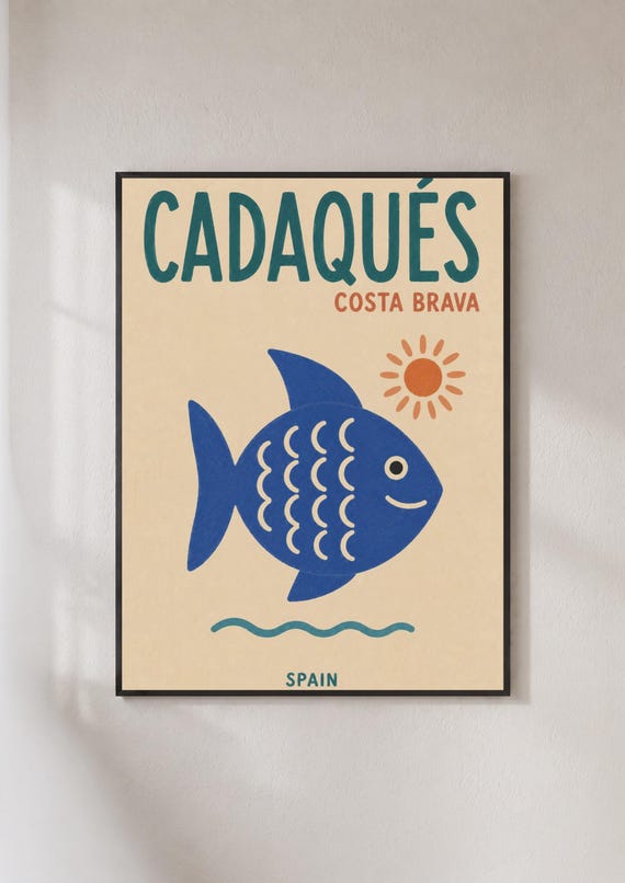 Cadaques Costa Brava Spain Travel Poster Retro Fish Wall Art Mediterranean Print