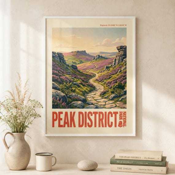 Peak District Print Vintage National Park Poster English Derbyshire Countryside Landscape Wall Art