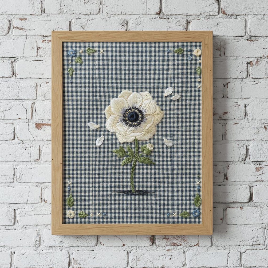 White Poppy Embroidery on Blue Gingham Floral Thread Art Print
