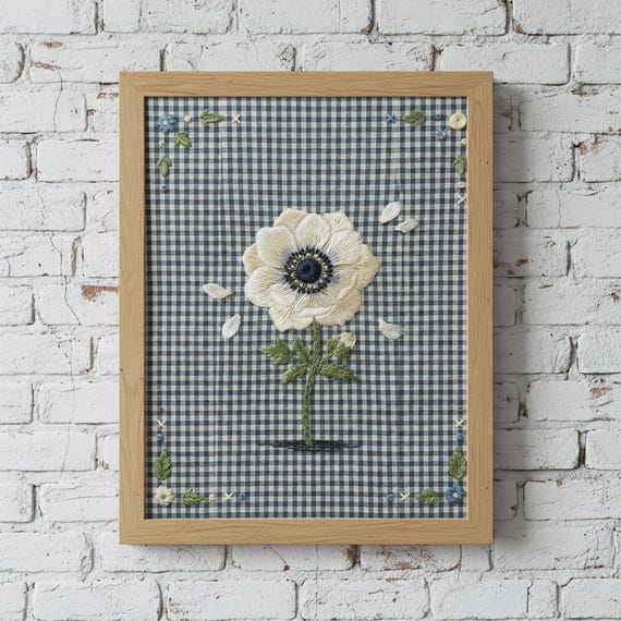 Embroidered Anemone Flower Stem Art Print Cottagecore Botanical Wall Vintage Floral Illustration