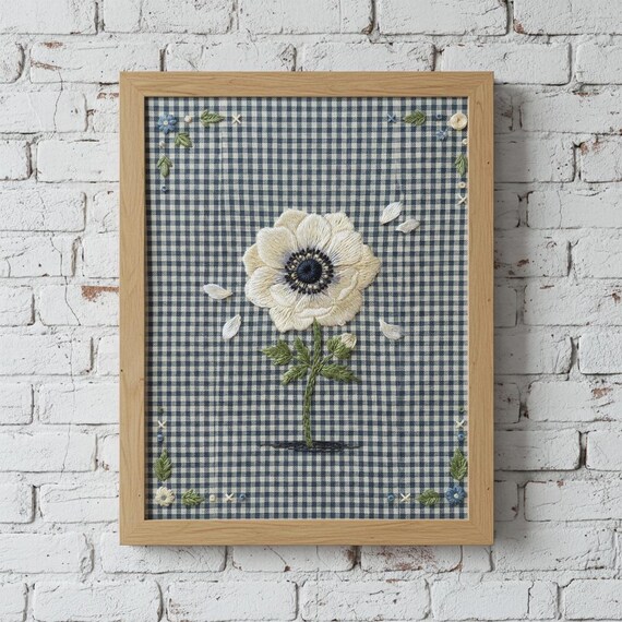 White Poppy Embroidery on Blue Gingham Floral Thread Art Print