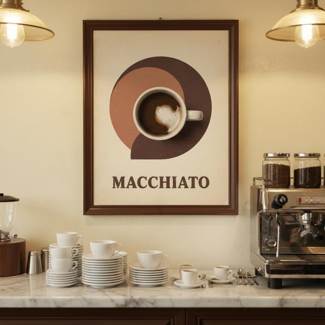 Macchiato Coffee Cup Warm Retro Kitchen Cafe Bar Decor Poster