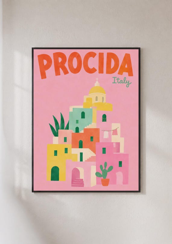 Procida Italy Travel Poster Colourful Italian Island Wall Art Naples Bay Print