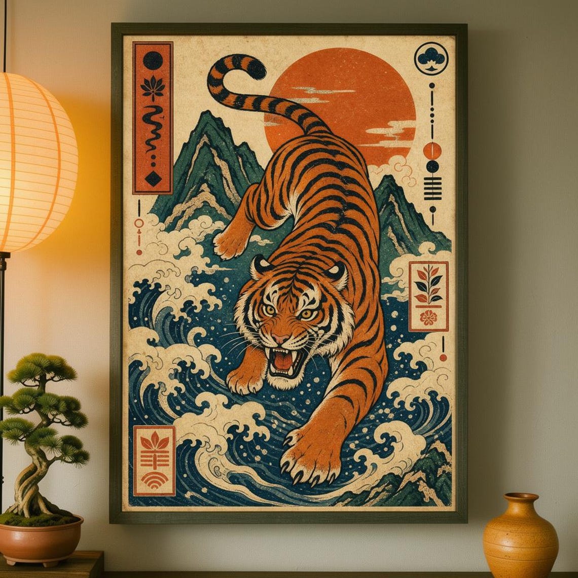 Roaring Tiger Crashing Waves Japanese Woodblock Style Art Print