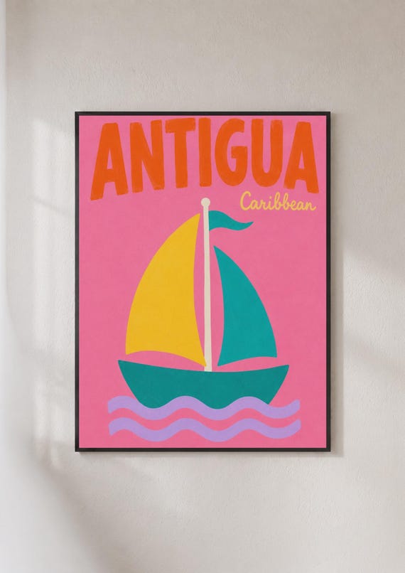 Antigua Caribbean Sailboat Poster Retro Travel Wall Art Colourful Pink Tropical Print