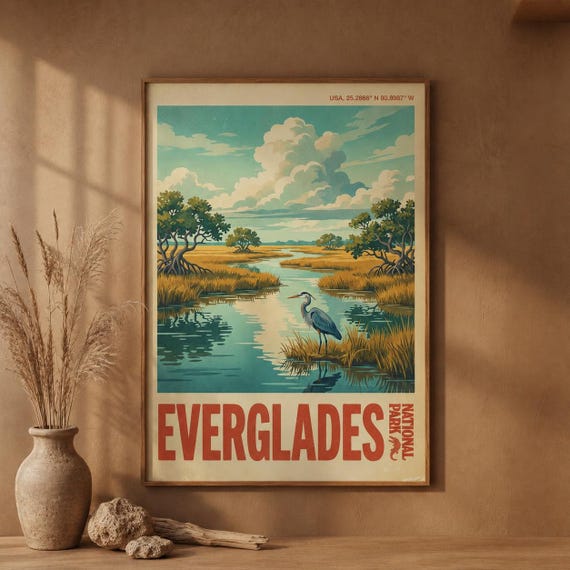 Everglades National Park Print Vintage Florida Poster Travel Wetland Heron Wall Art