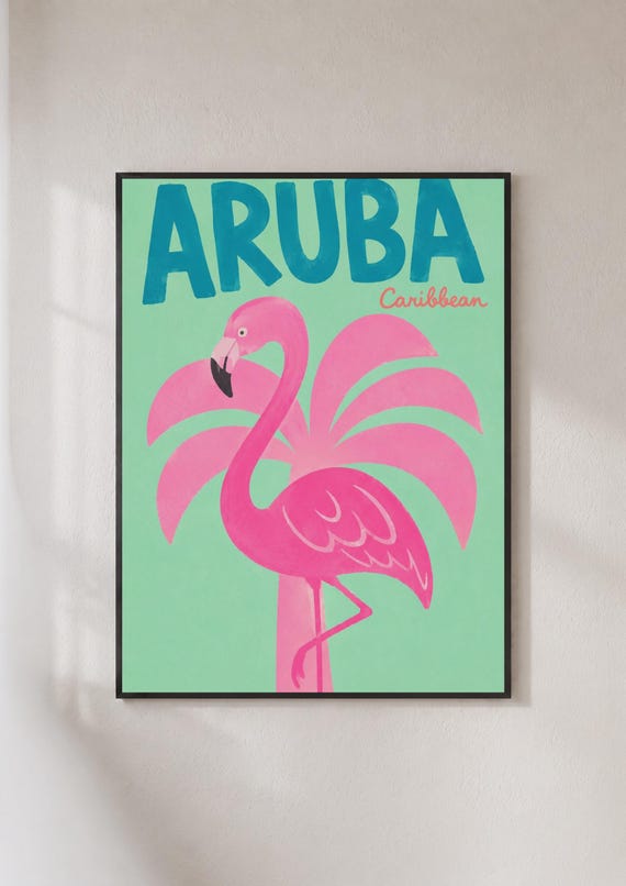 Aruba Caribbean Flamingo Poster Retro Travel Print Tropical Pink Wall Art