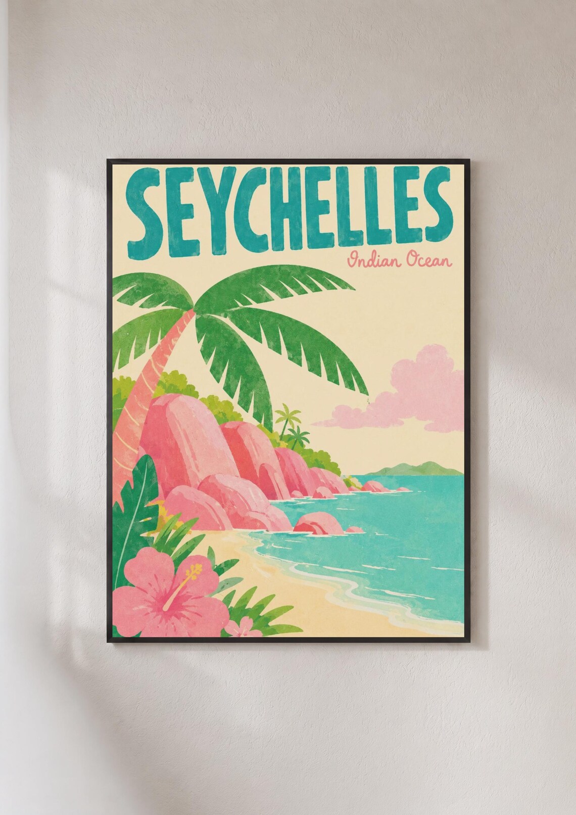 Seychelles Retro Travel Poster, Tropical Island Art Print