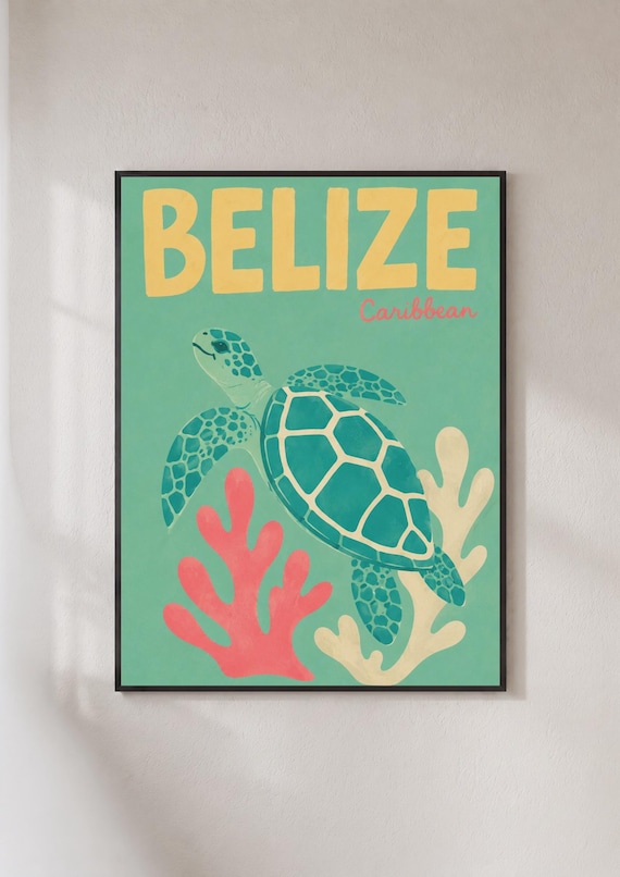 Belize Caribbean Sea Turtle and Coral Reef Retro Travel Poster