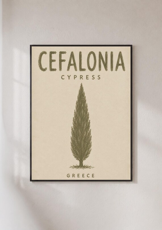 Cefalonia Cypress Tree Greek Island Vintage Botanical Travel Poster