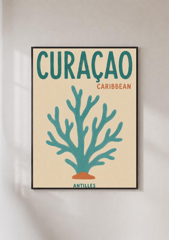 Curacao Caribbean Coral Reef Teal Antilles Retro Travel Poster