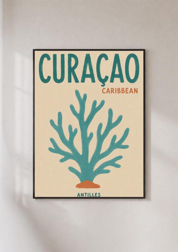 Curacao Caribbean Travel Poster Coral Reef Wall Art Antilles Retro Print