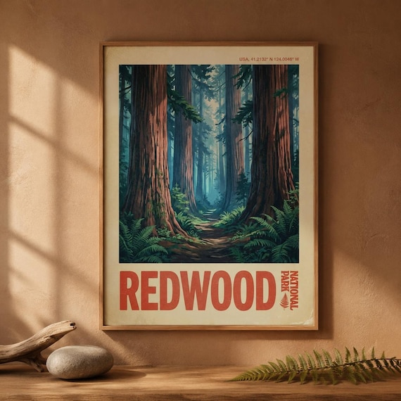 Redwood National Park USA Giant Redwoods Forest Vintage Travel Poster
