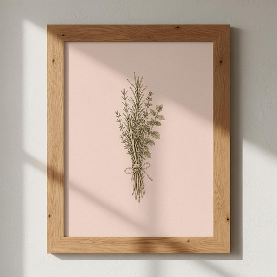 Rosemary And Thyme Herb Bundle Poster Blush Pink Botanical Kitchen Decor