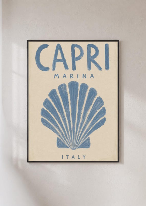 Capri Marina Italy Poster Scallop Shell Wall Art Coastal Blue Vintage Travel Print