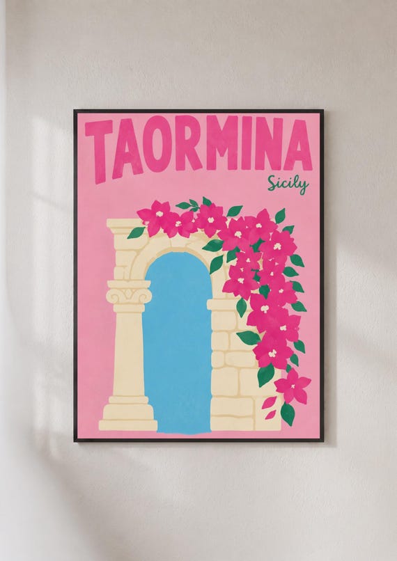 Taormina Sicily Travel Poster Italy Wall Art Bougainvillea Arch Print Pink