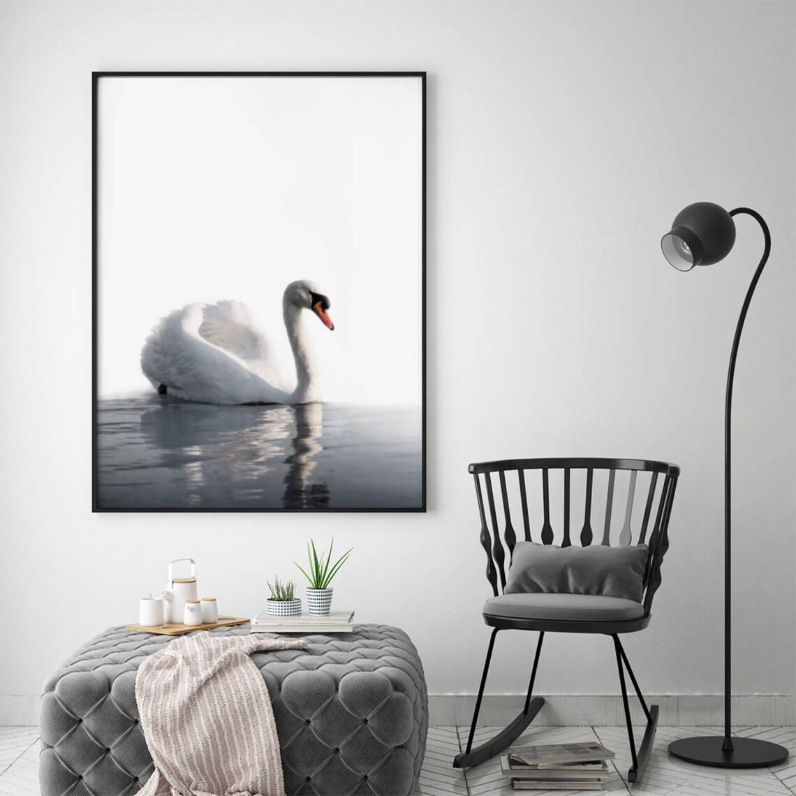 White Swan on Calm Water Minimalist Nature Photography Poster - Image 3