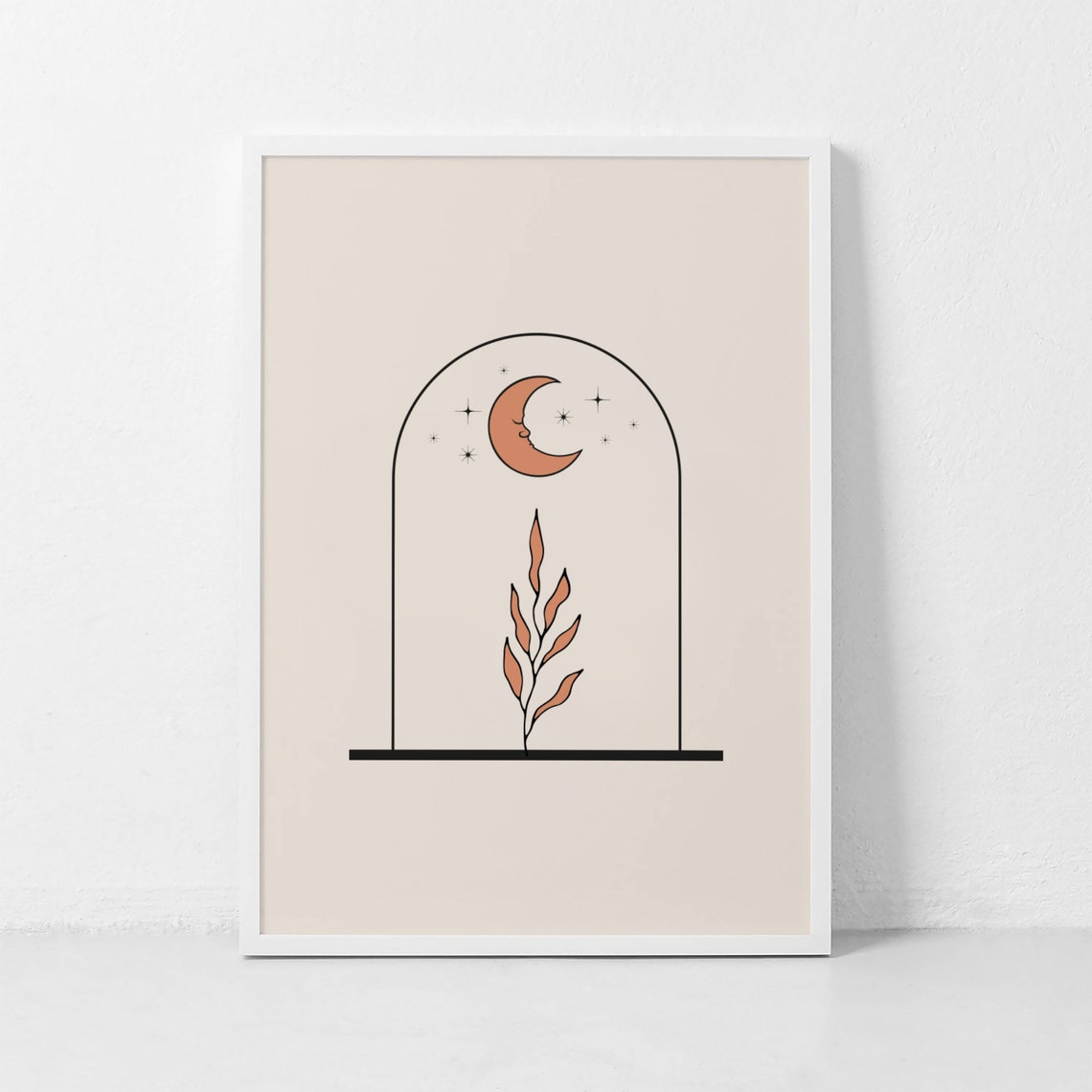 Terracotta Moon Arch Face Stars Celestial Boho Minimalist Poster