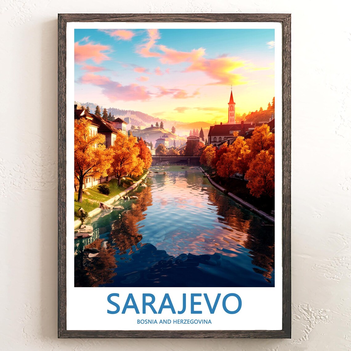 Sarajevo Autumn River Scene with Church Tower at Sunset Poster